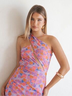 Sabo Skirt Lavender One-Shoulder Floral Cutout Midi Dress